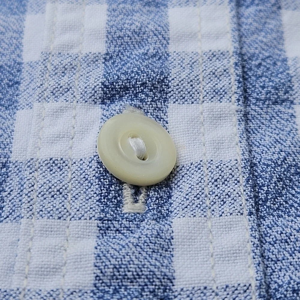 J Crew Classic Gingam Checkered Blue White Button Down Shirt 100% Cotton Mens XL